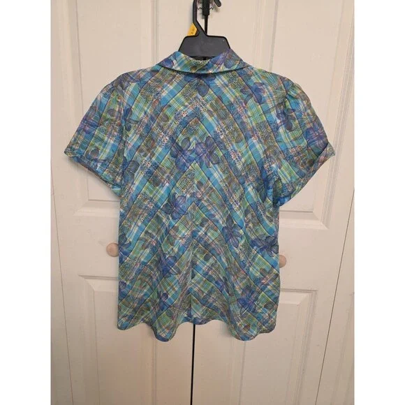 Hollywood Women’s Sheer Button Up Blouse Blue Green Floral Plaid Short Sleeve – - Picture 5 of 12